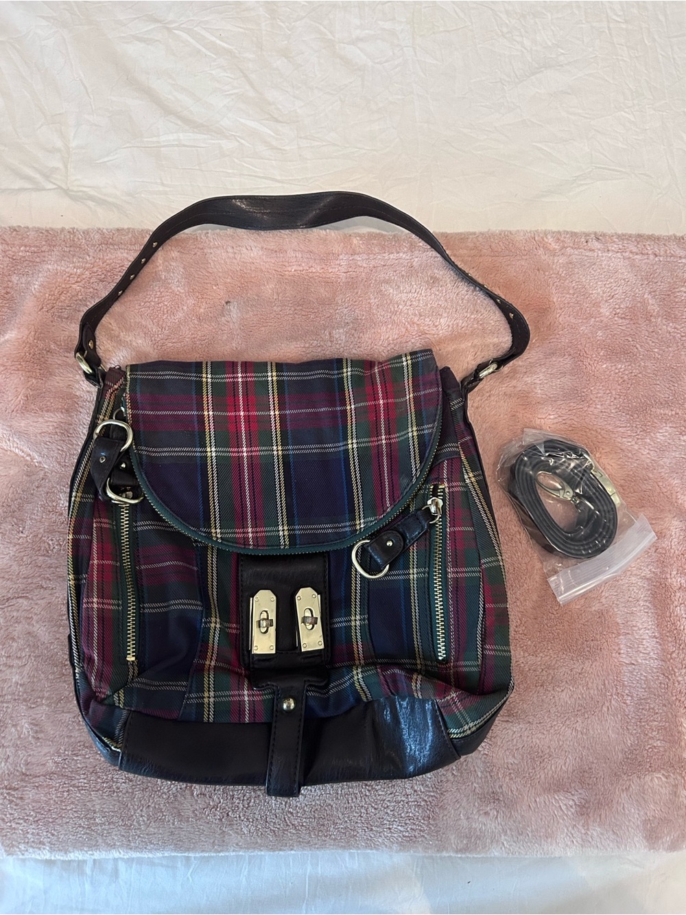 Brand New Plaid Crossbody Satchel Bag with Black Trim